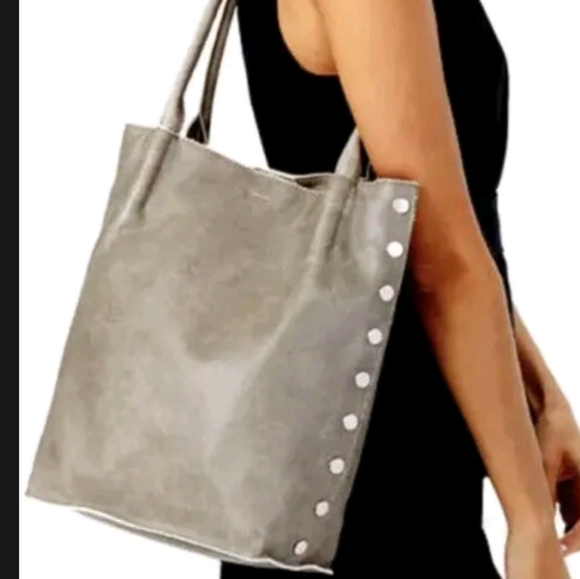Hammitt Oliver Medium Pewter Stud Snap Top Shoulder Tote Handbag Gray Neutral